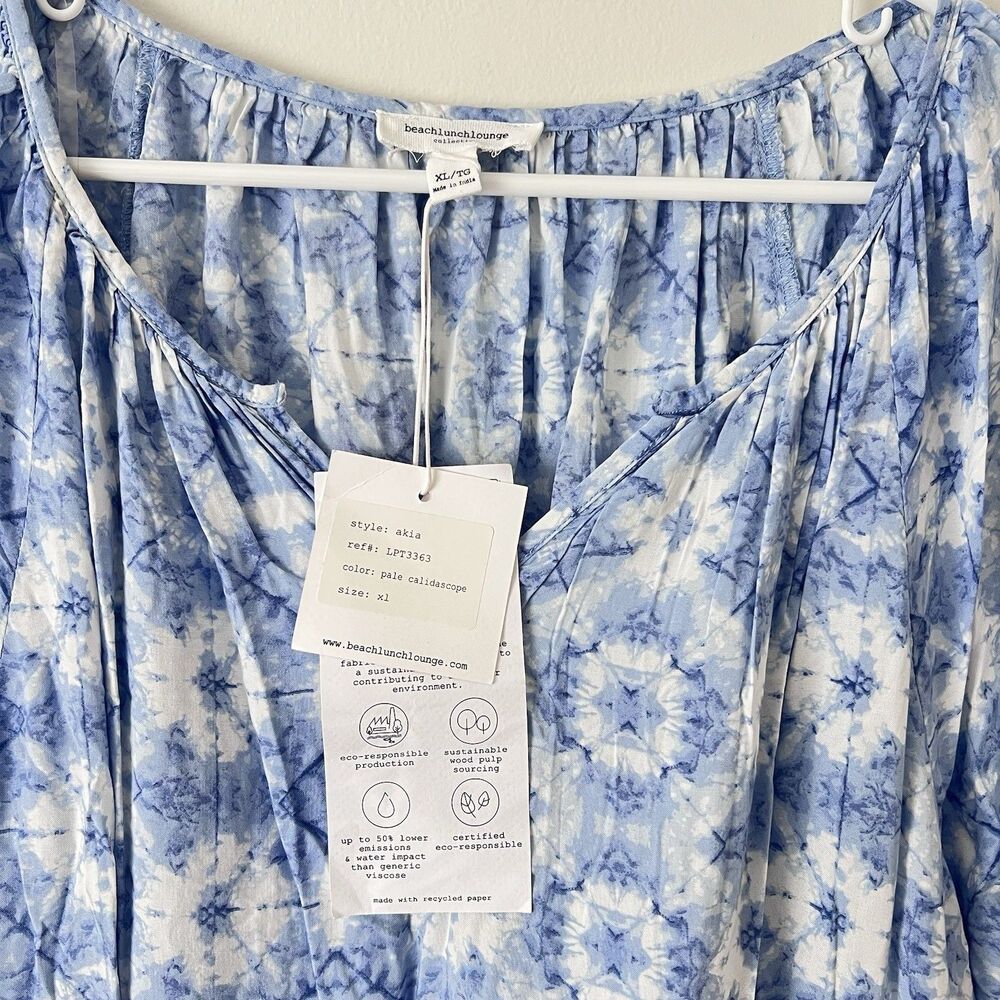Beach Lunch Lounge Blue Tie Dye Boho Peasant Blouse XL Flowy Babydoll Top NWT - Picture 6 of 9